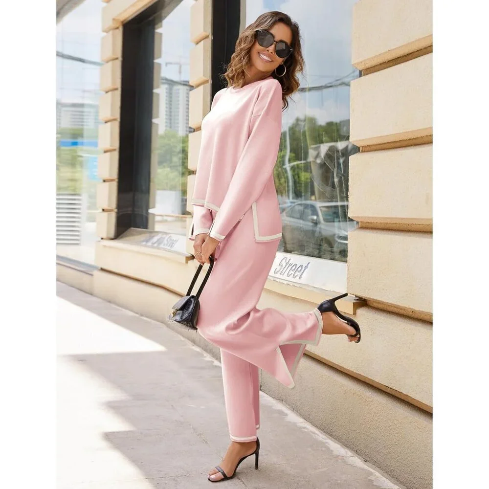 Women's Pink Long Sleeve Knit Sweater Top & Wide Leg Pants Lounge Set